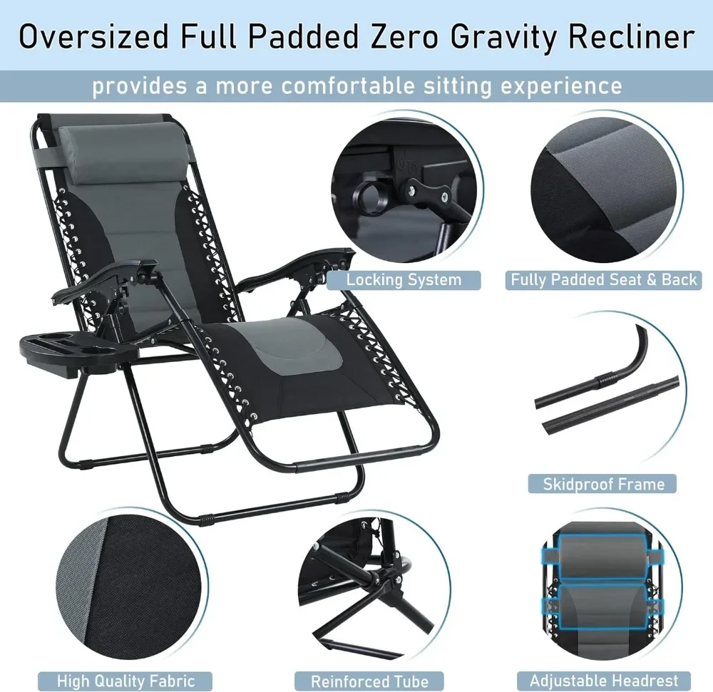 Padded Zero Gravity Lounge Chair Folding Patio Recliner with Adjustable Headrest & Cup Holder, Support 350 LBS (Grey)