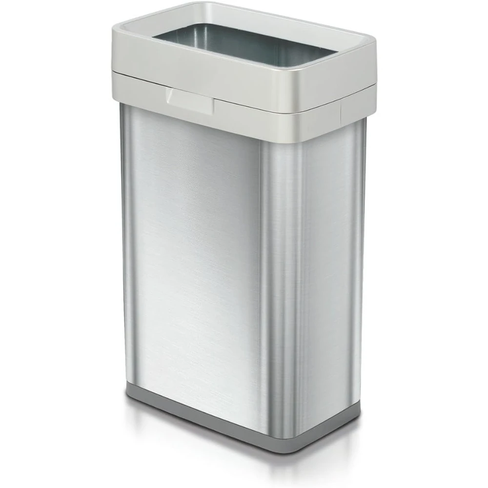 13 Gallon Trash Can - 50L Slim Open Top Garbage Bin for Commercial Spaces, Kitchen - Narrow Rectangular Stainless Steel Body