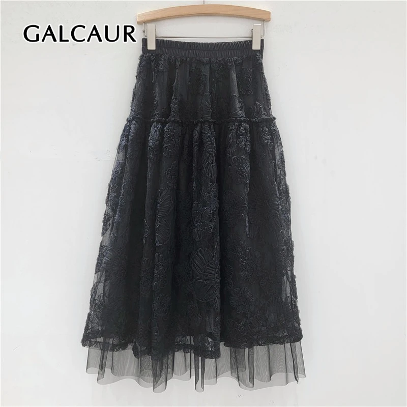 

GALCAUR однотонные свободные сетчатые элегантные юбки для женщин с высокой талией, лоскутная кружевная темпераментная юбка, женская модная одежда