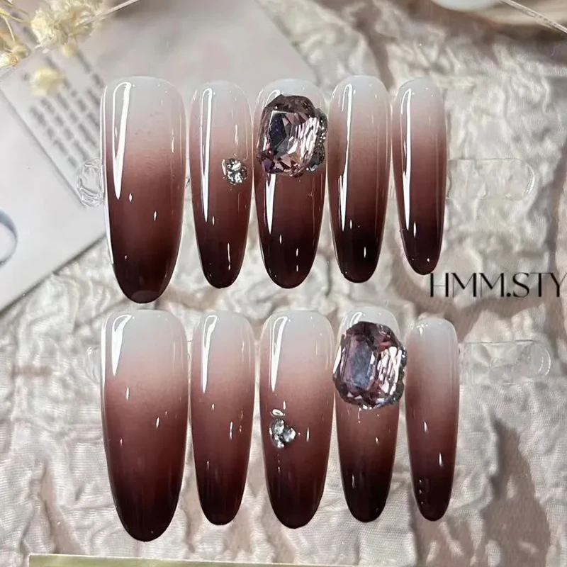 10 قطعة نمط رائع حلو الراقية الأسود التدرج اليدوية الصحافة على الأظافر كاميليا رصع الماس نمط طويل موضة مسمار التصحيح