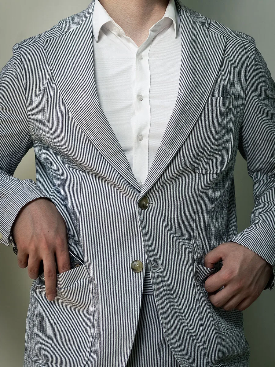 

POT&CRAFTSMAN summer seersucker black striped cotton bubble gauze slim fit blazer Italian vintage casual jacket blouse