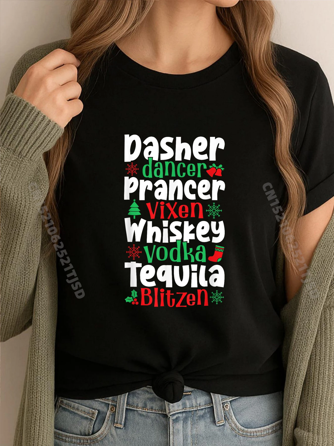 

Dasher Dancer Prancer Vixen Drunk Рождественская футболка Женская уличная одежда Женская семья