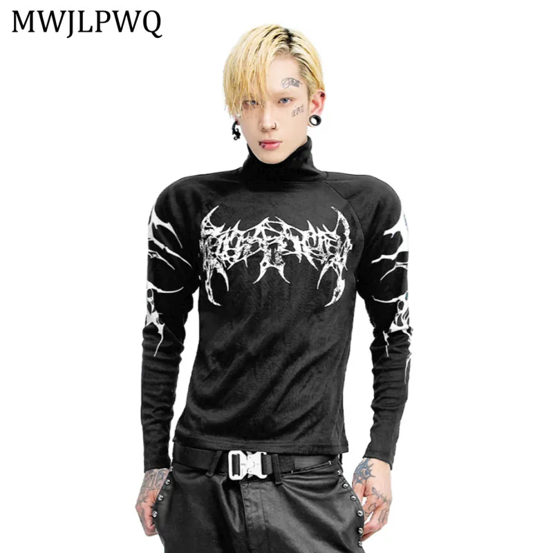

MWJLPWQ Dark Patchwork Slim Fit Regular Shoulder Design T-shirts Male Gothic Print High Neck Long Sleeve Unisex Street Top 11366