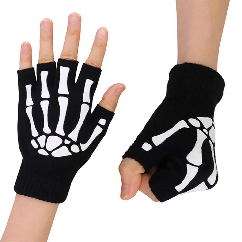 Skeleton Skull Knitted Half Finger Gloves Glow In The Dark