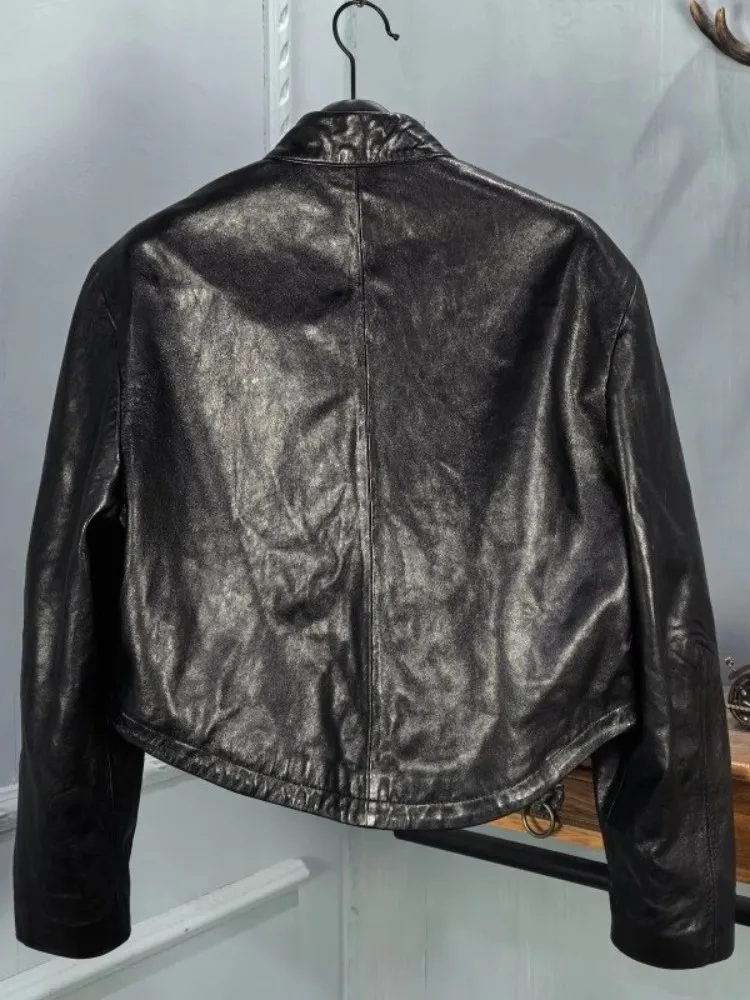 Giacca da motociclista in vera pelle da donna punk Colletto alla coreana primaverile Cappotto corto in pelle di pecora Manica lunga Streetwear Capispalla femminile