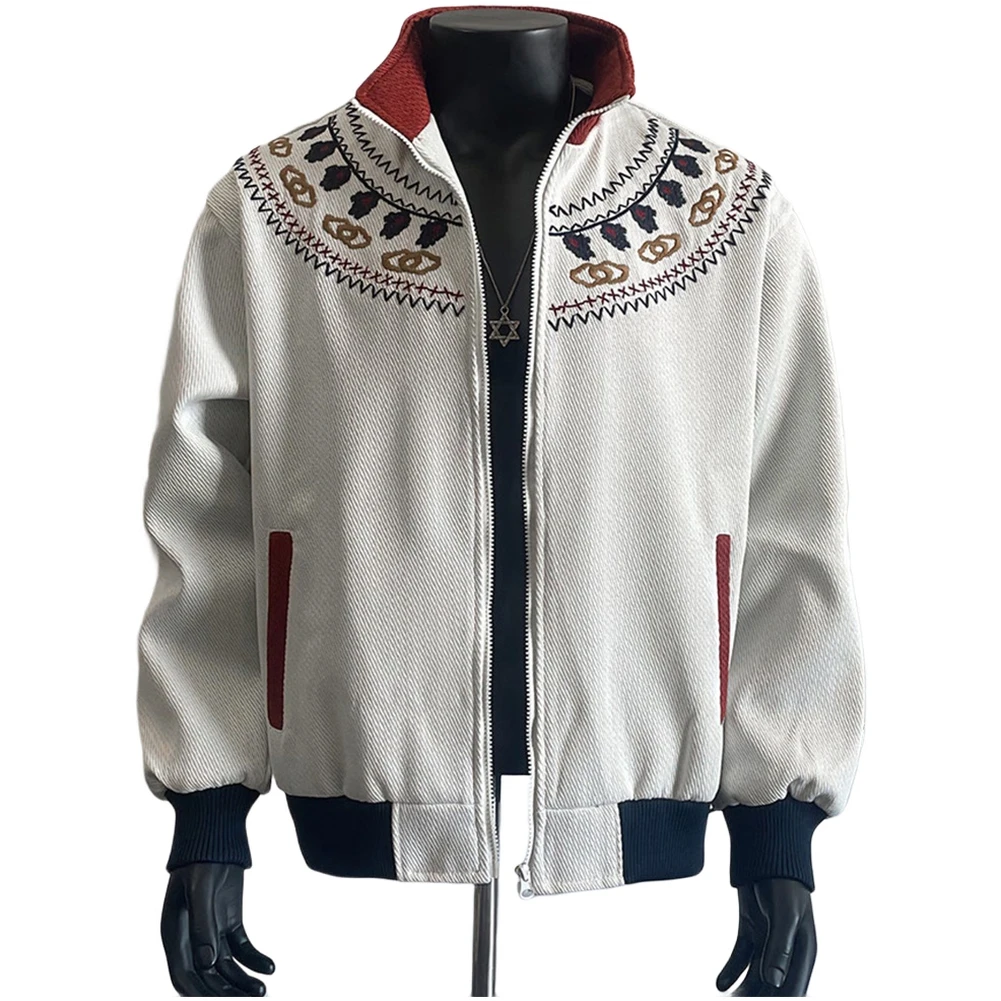 

Men Casual Retro Stand Collar Jacket with Ethnic Embroidery Contrast Color Cardigan Long Sleeve for Outdoor and Daily Wear