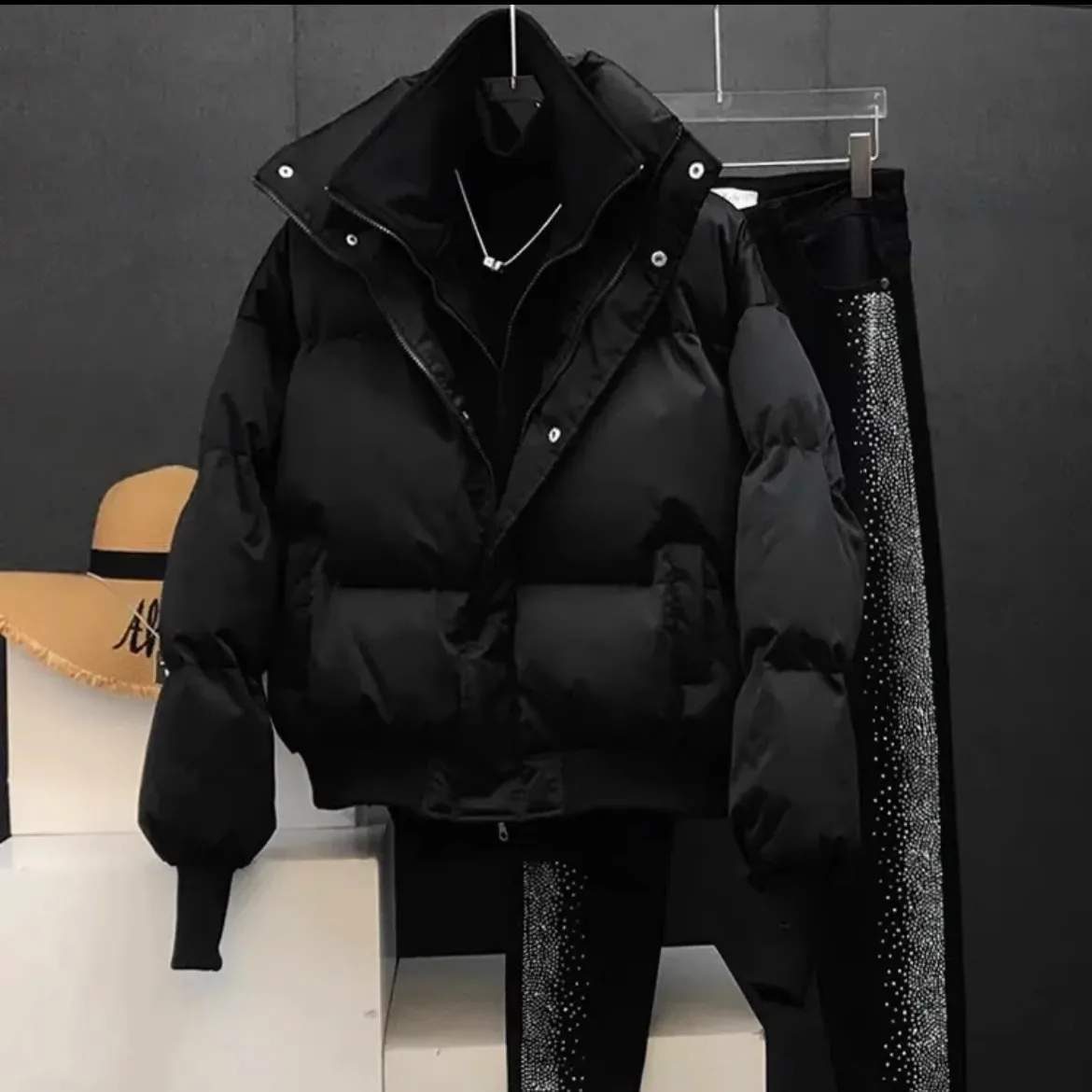 

Winter Thiened Cotton Jaet Men's Casual Bla Stand Collar Oversize Top Youth Faion Outerwear New 2024 Korean Sle