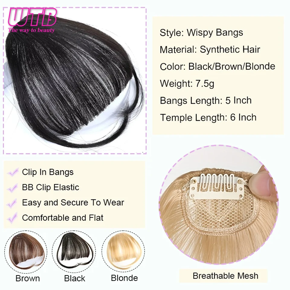 Fringe Bangs Synthetic Hair Topper Extensions Clip In Brown False Hairpiece with Temples for Women Short Styling Accessories
