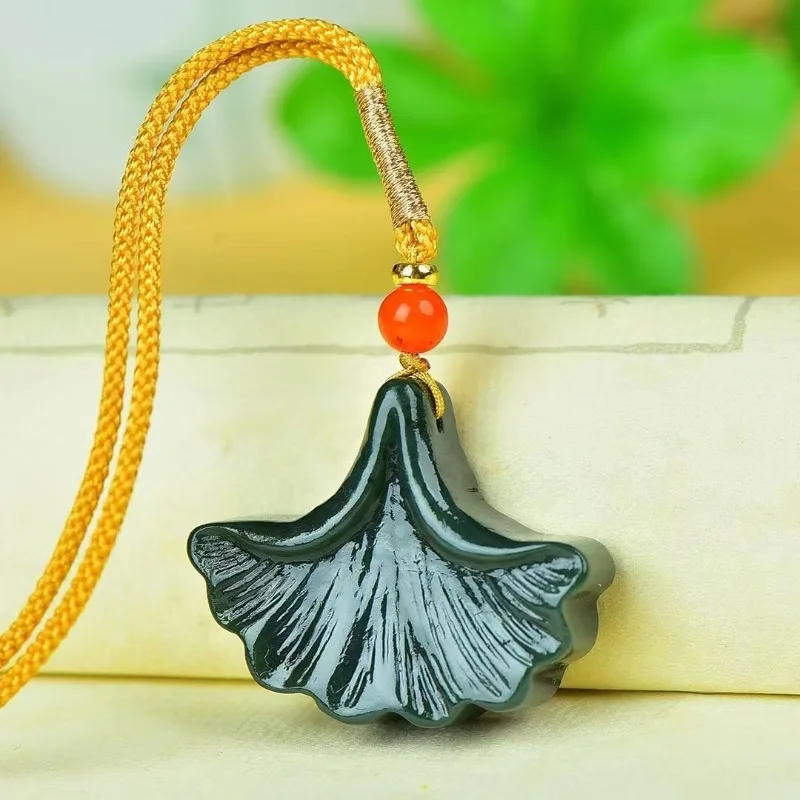 Natural Hetian Jade Sapphire Ginkgo Biloba Pendant Pendant Men's and Women's Ethnic Style