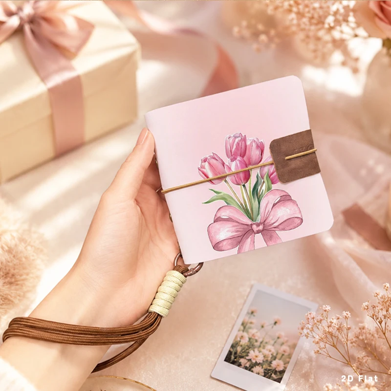 Cute Tulip Bow Pattern Mini Pocket Photo Album Portable Handheld Picture Book with Wrist Lanyard Memory Collecting Album Girls