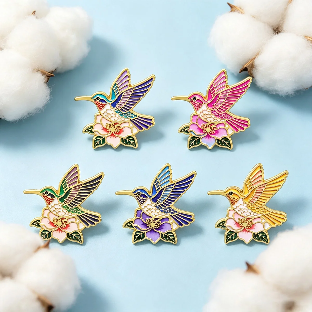 5pcs Colorful Hummingbird Flower Enamel Brooch Metal Lapel Pin Clothes Backpack Badge Animal Bird Jewelry Accessories