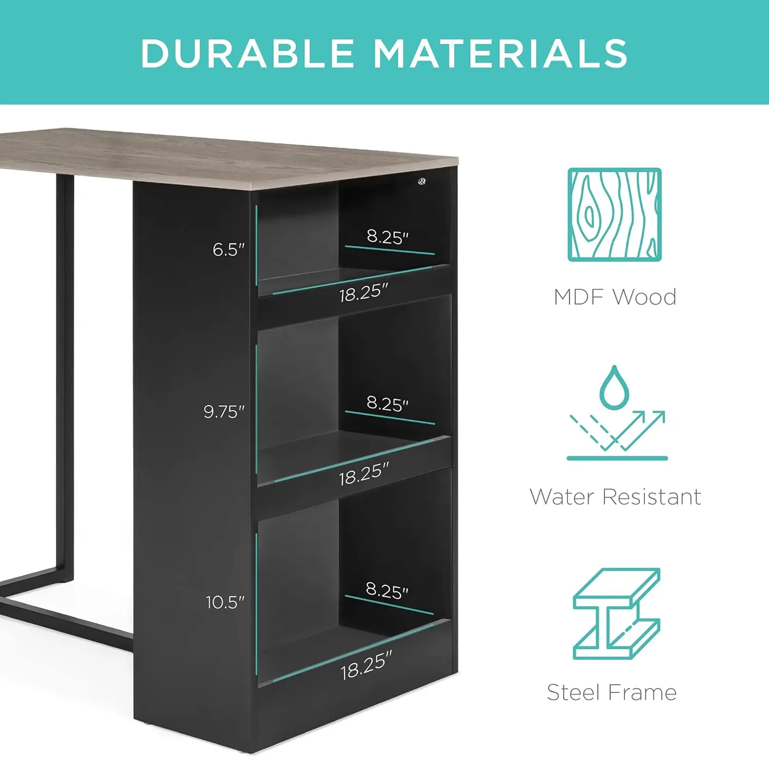 3-delige 36in Houten Aanrechthoogte Eettafel Set Voor Keuken, Eetkamer Met Opbergplanken, Metalen Frame, 2 Barkrukken-Grijs