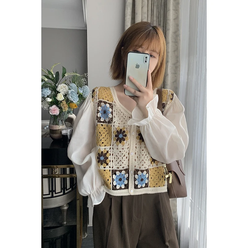 

Xuanxuan Hollow out Long Sve Knitted Sweater Women's Thin Outerwear Top V-ne Button Closure Regular Fit Open Cardigan