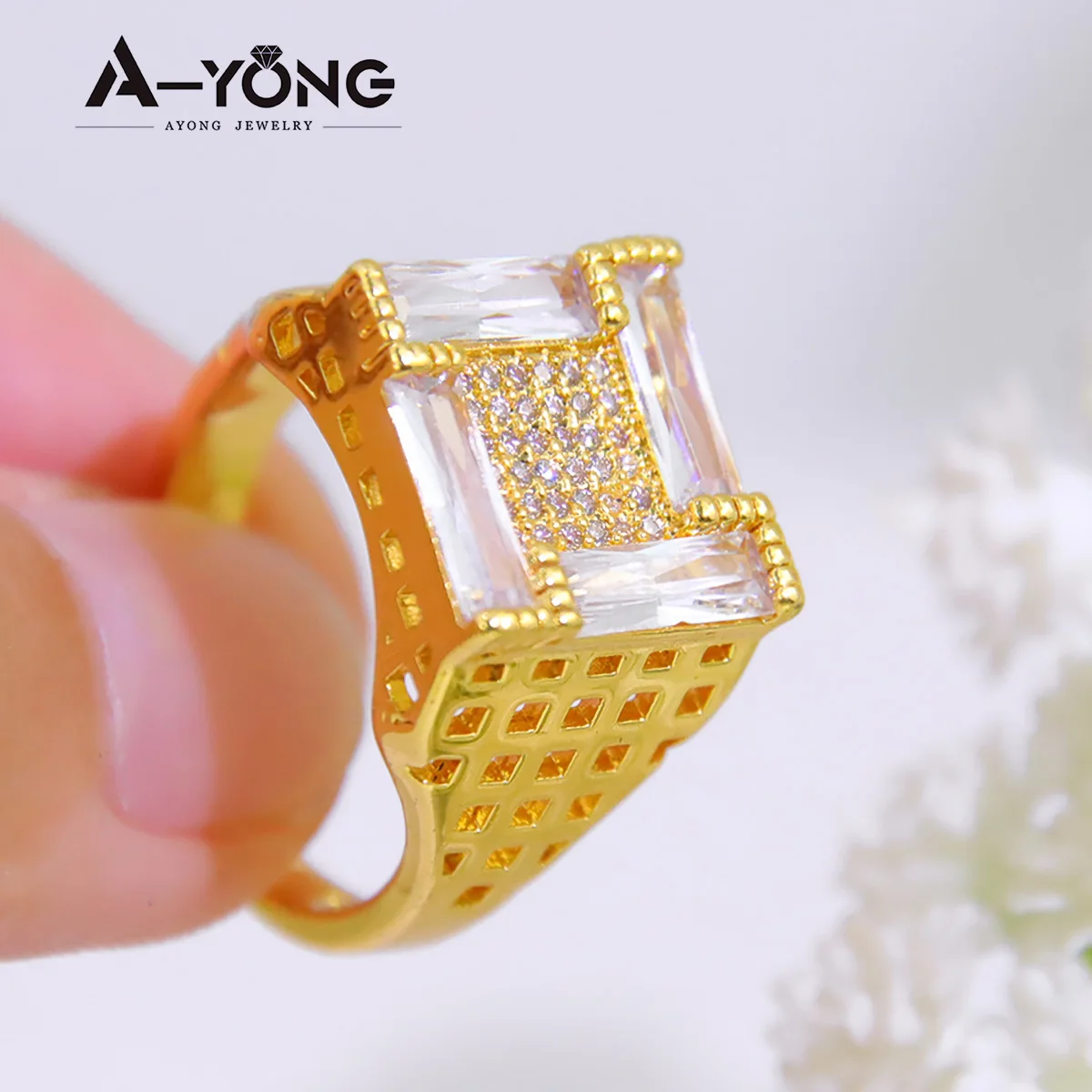 Ethiopian Wedding Couples Ring 21k Gold Plated Luxury Cubic Zircon Egypt African Women Bridal Engagement Party Jewelry