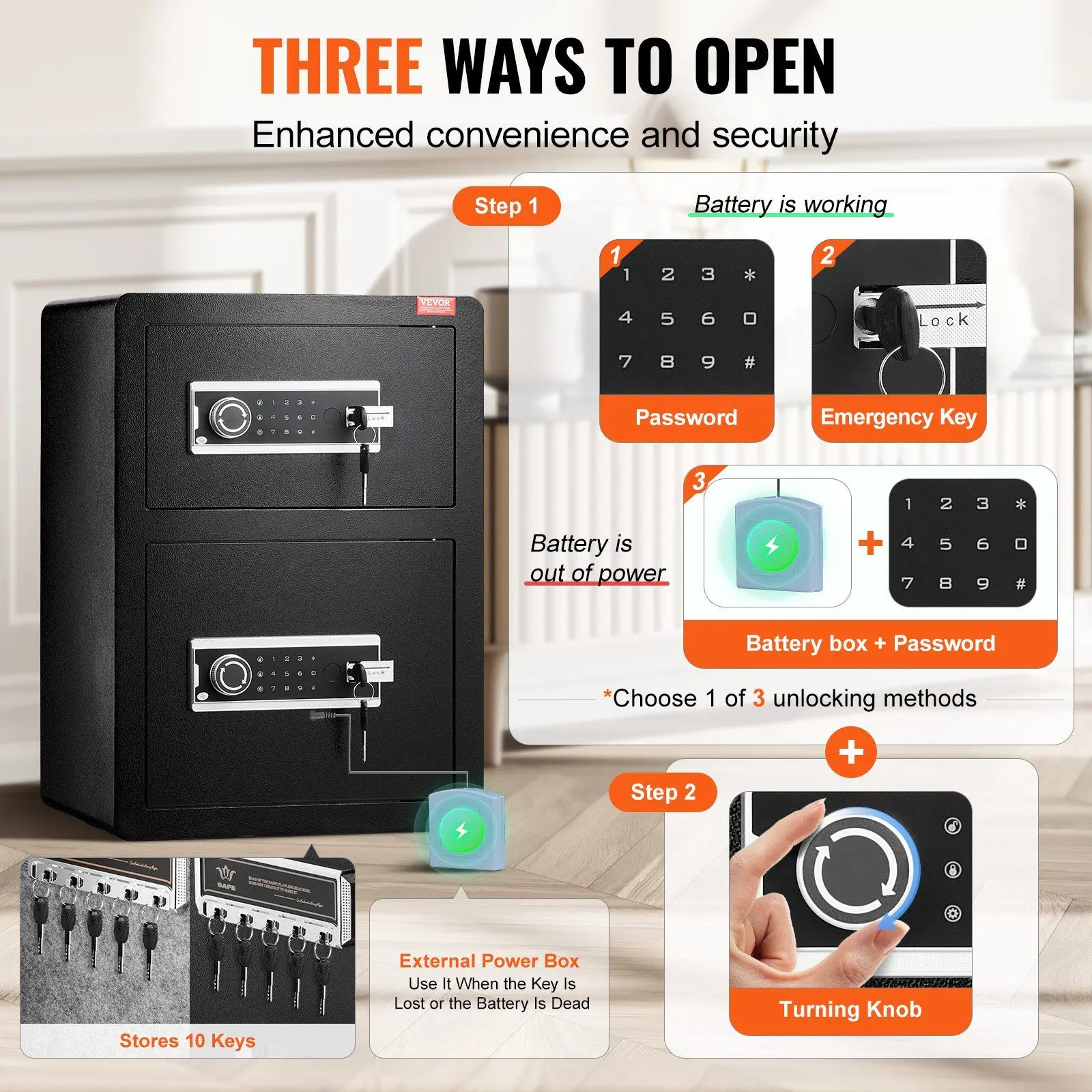 3.5cu.ft High Security Safe with Keypad and Key, LED Interior Light, Impact Detection Alarm, Black