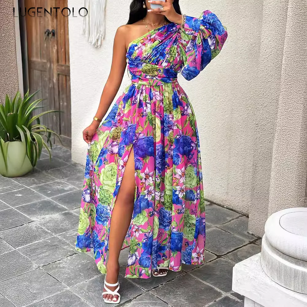 

Women Elegant Dress One Shoulder Asymmetrical Lantern Sleeve Fashion Print High Waist Ruched Slit Hem Holiday Party Gown