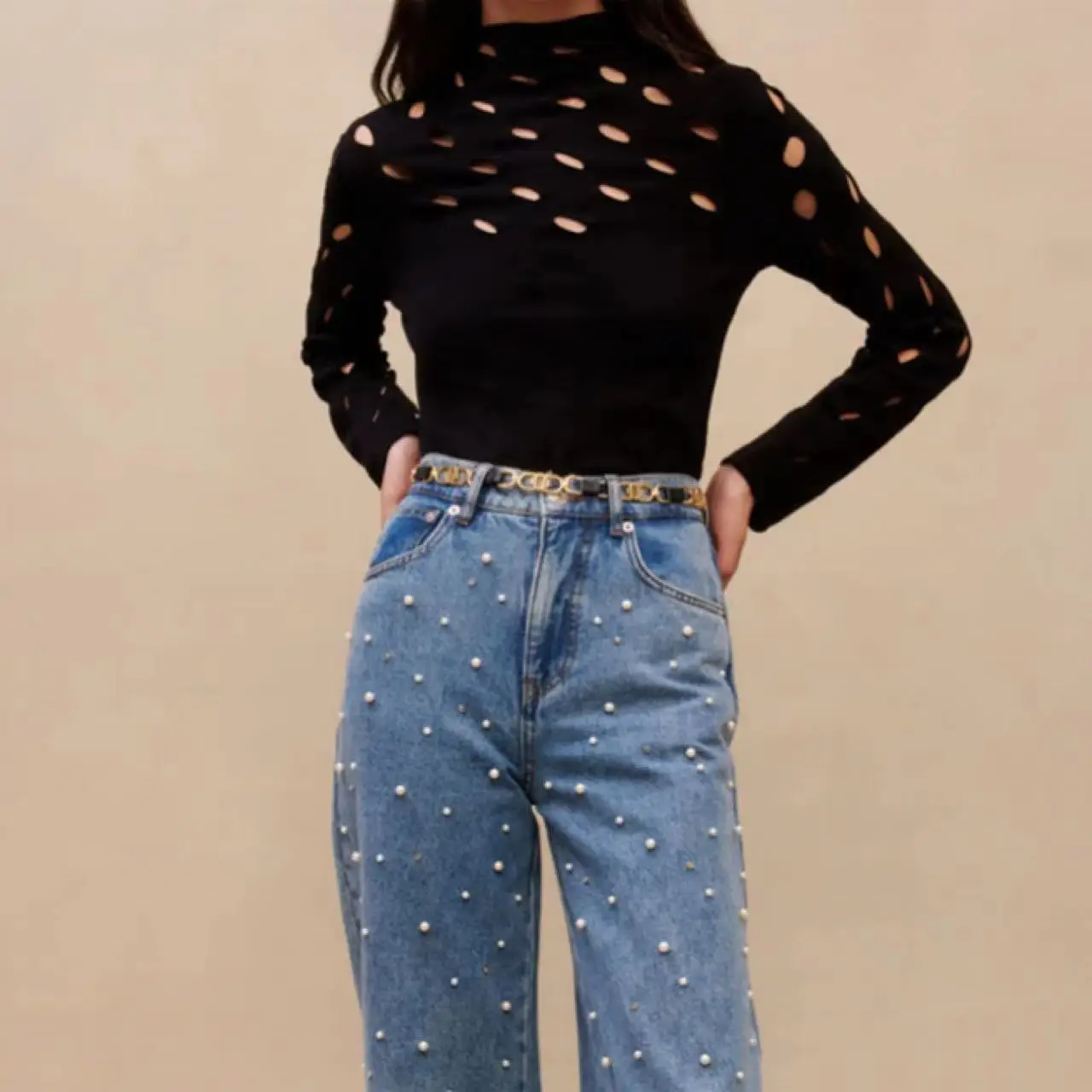 

Hollow mesh knitted sweater with slim fit design, semi high neck bottom top, French style M Home 24 autumn new item