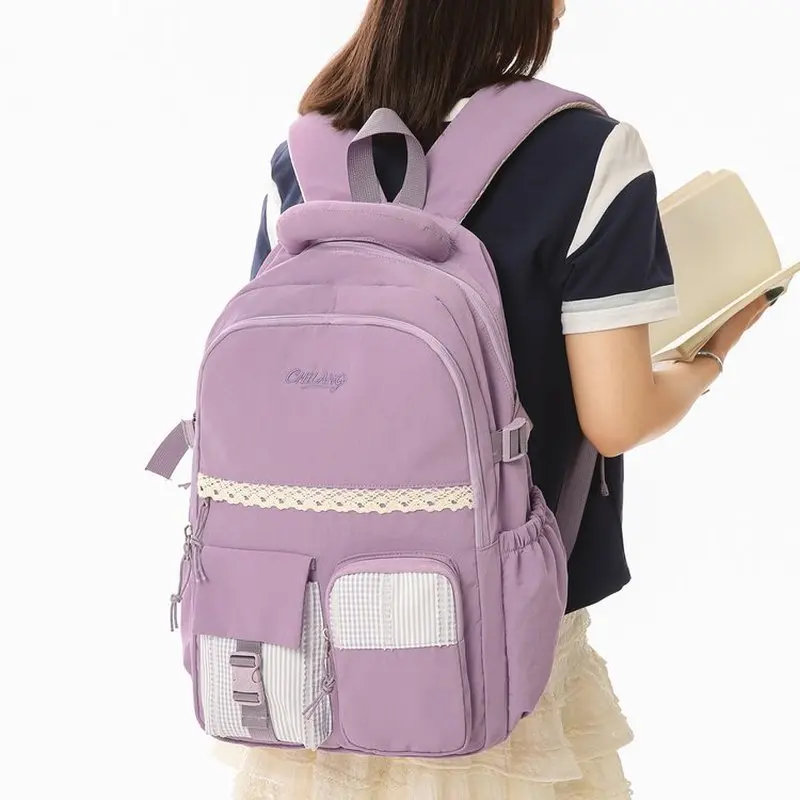 Adorable Teen Girl Backpack Large Capacity School Bag Youth Fashion Double Layered Zipper Closure Water Resistant Oxford Fabric