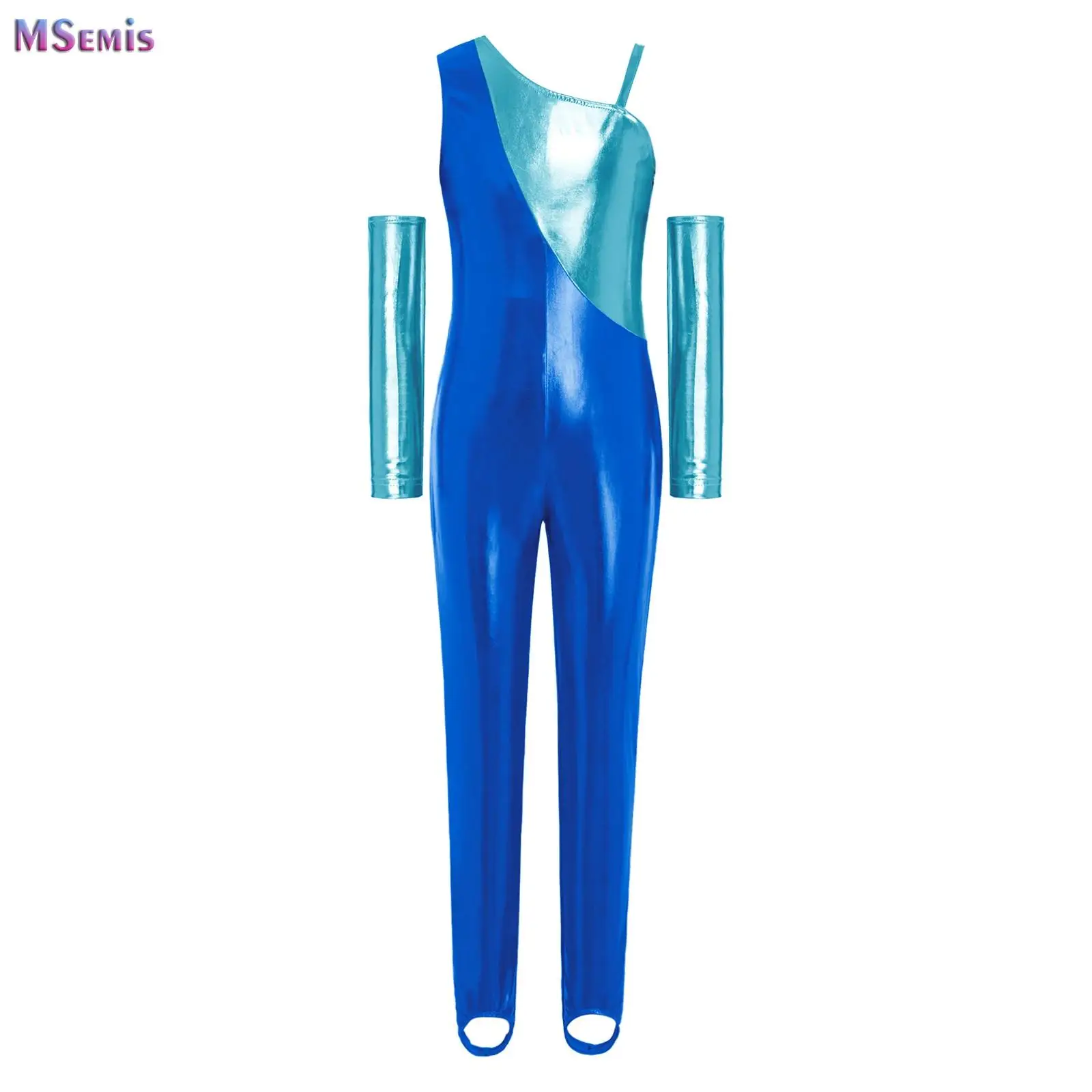 

Girls Shiny Metallic Unitards Stirrups Dance Wear Gymnastics Leotards Dancewear Stage Performance Show Suit Halloween Costume