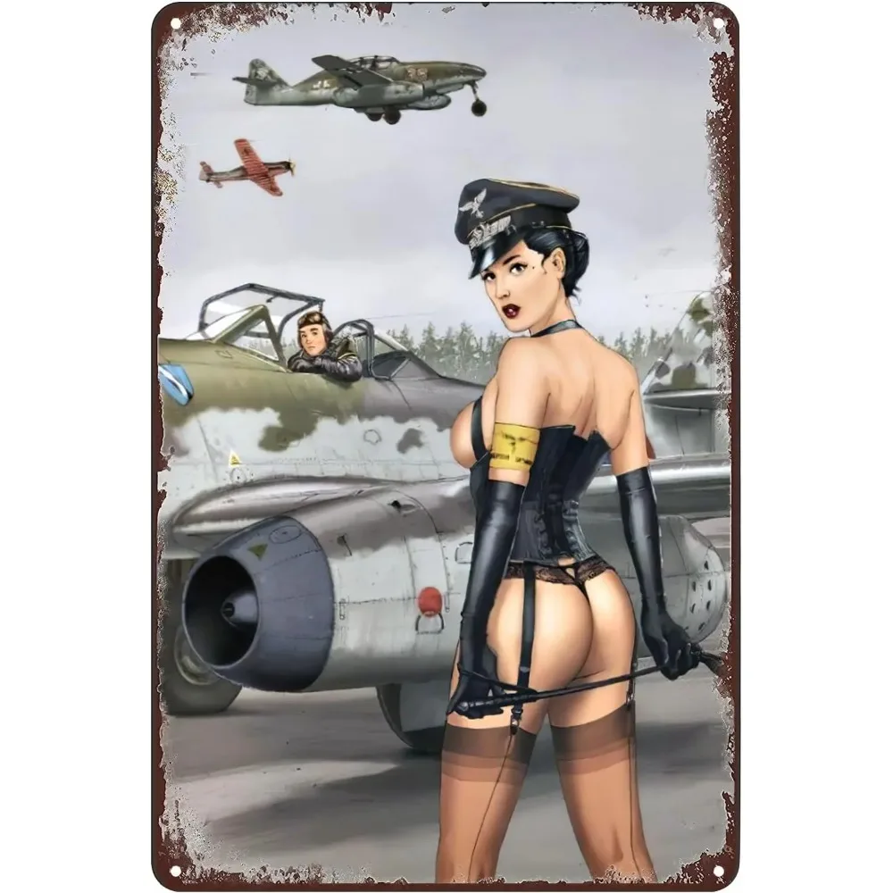 ملصق معدني مثير لضابط المقاتلة - لوحة فنية جدارية على شكل طائرة امرأة ساخنة، مثالية لبار المنزل وغرفة النادي والرجل الكهف