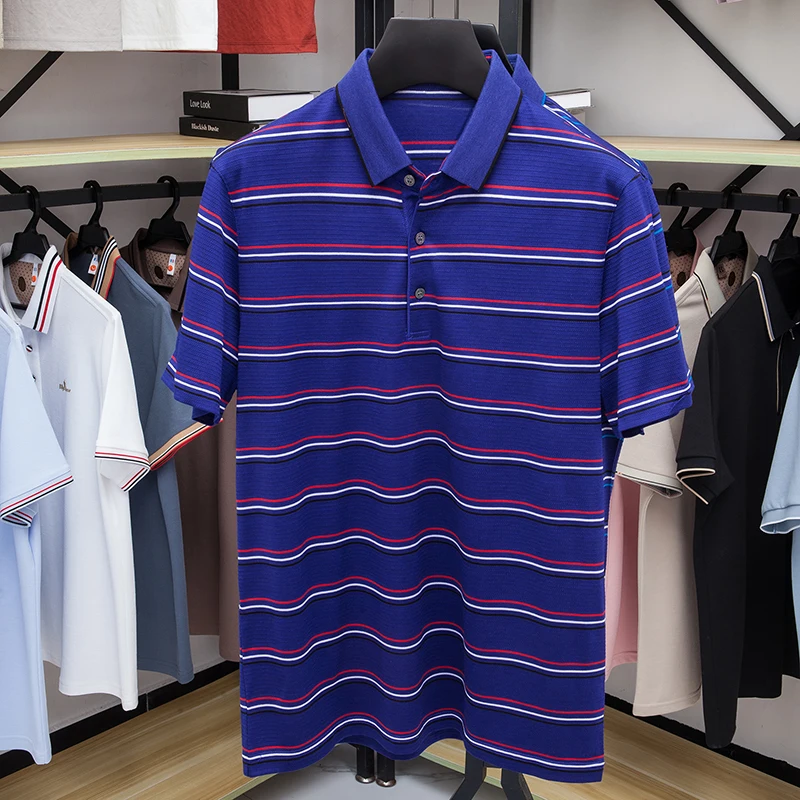 

Полосатая футболка с короткими рукавами и лацканами для мужчин, шелковая шелковая летняя качественная мягкая удобная повседневная футболка-поло против морщин