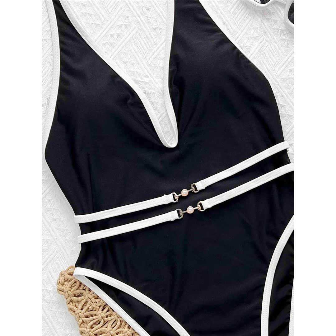 Sexy Badeanzug mit tiefem V-Ausschnitt und Halterneck, mit Gürtel, einteilig, Damen-Bademode, hoch geschnittene Beine, Monokini, Badeanzug, Badebekleidung, V7602 – Detail 5