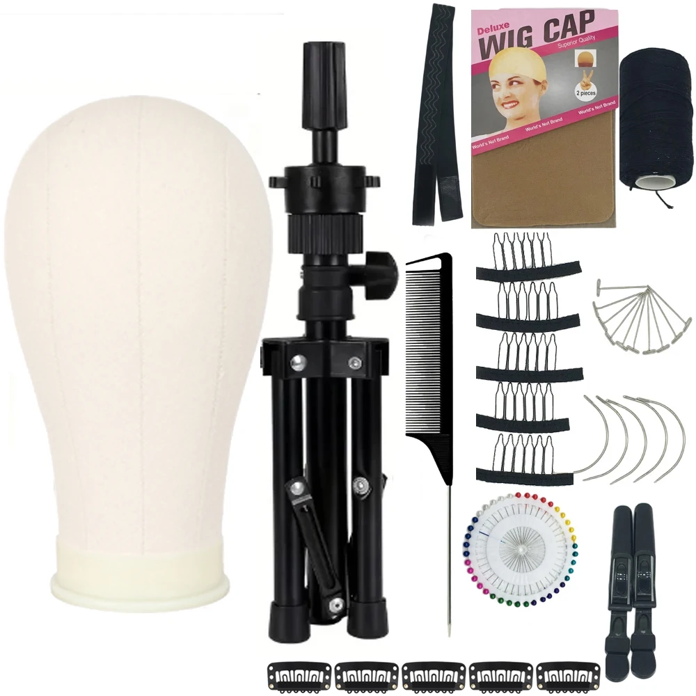 

22" Canvas Block Mannequin Head for for Display Styling Wigs Making Kit, Display Styling Mannequin With Wig Stand Set