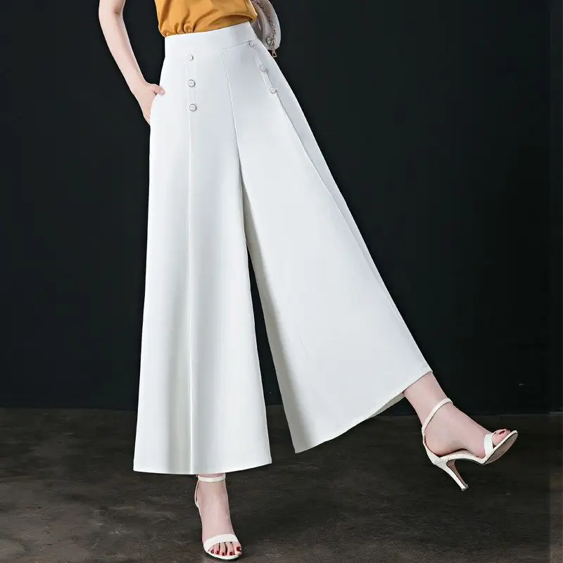 

Women's Button High Waisted Pockets with Elastic Casual Loose Clothing Wide Leg Trouser Suits Capri Korean Fashion Vintage Pants