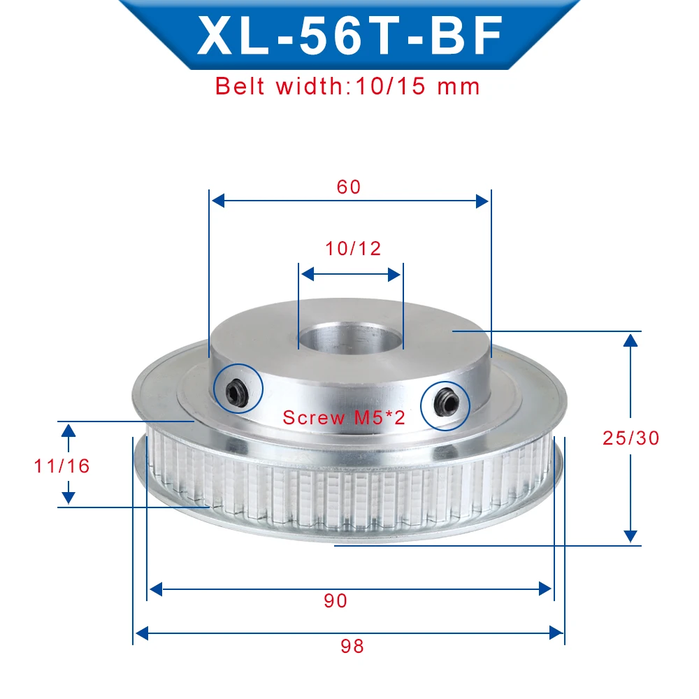 XL 56T Aluminum Pulley BF Shape Teeth Pitch 5.08 mm Bore Size 8/10/12/14 mm Pulley Wheel Belt Width 10/15 mm For XL Timing Belt