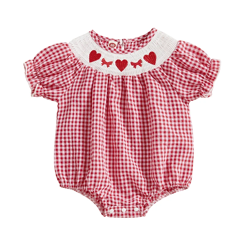 Baby Girl Valentine's Day Smocked Romper Heart Embroidered Plaid Bubble Romper Frill Trim Ruffled Short Jumpsuit