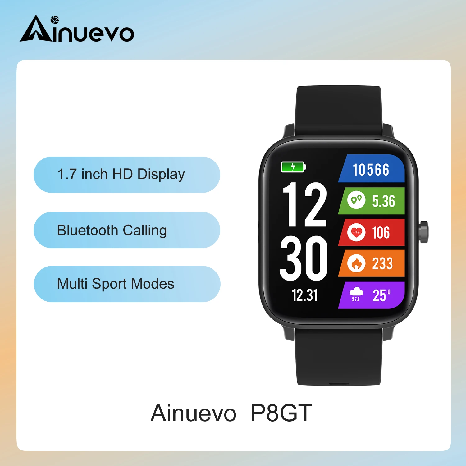 

Ainuevo P8GT Bluetooth Call Smart Watch 1.7"HD Display Heart Rate Waterproof IP67 28+ Sport Modes