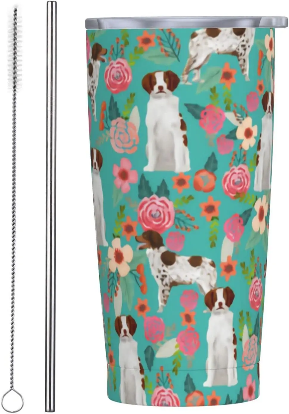 20oz Tumbler Steel Straw Mug Stainless Coffee Cup For Home Travel Car Hot And Cold Drinks Cute Brittany Spaniel Dog Green Flower