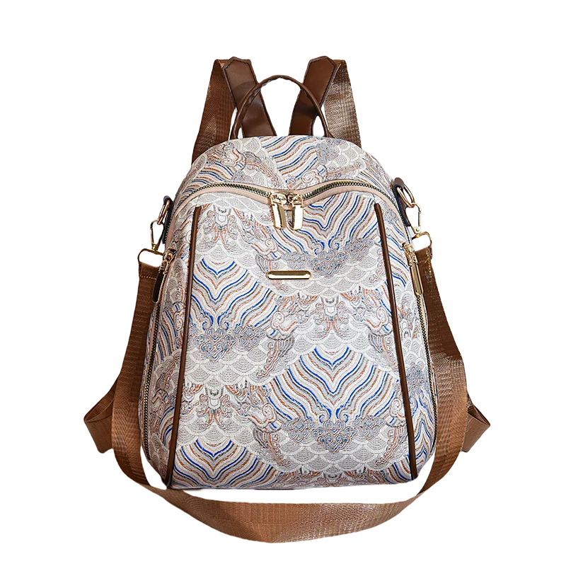 

New Chinese-Style Women Backpack Casual Large-Capacity Versatile Travel Bag Multifunctional Shoulder Bag PU Backpacking Backpack