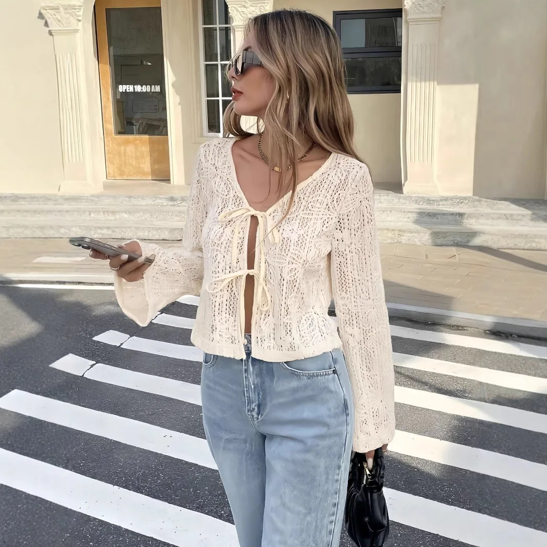 

Winter 2025 New Design Horn Sve Vne ort Top Women's Faion Slim Fit irt Long Sve Polyester Fabric Belted Pure Color