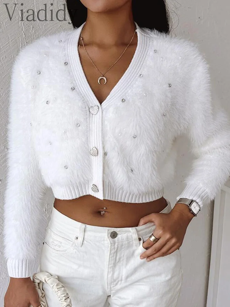 Women Elegant Solid Color Fuzzy Button Studded Decor Crop Sweater Cardigan