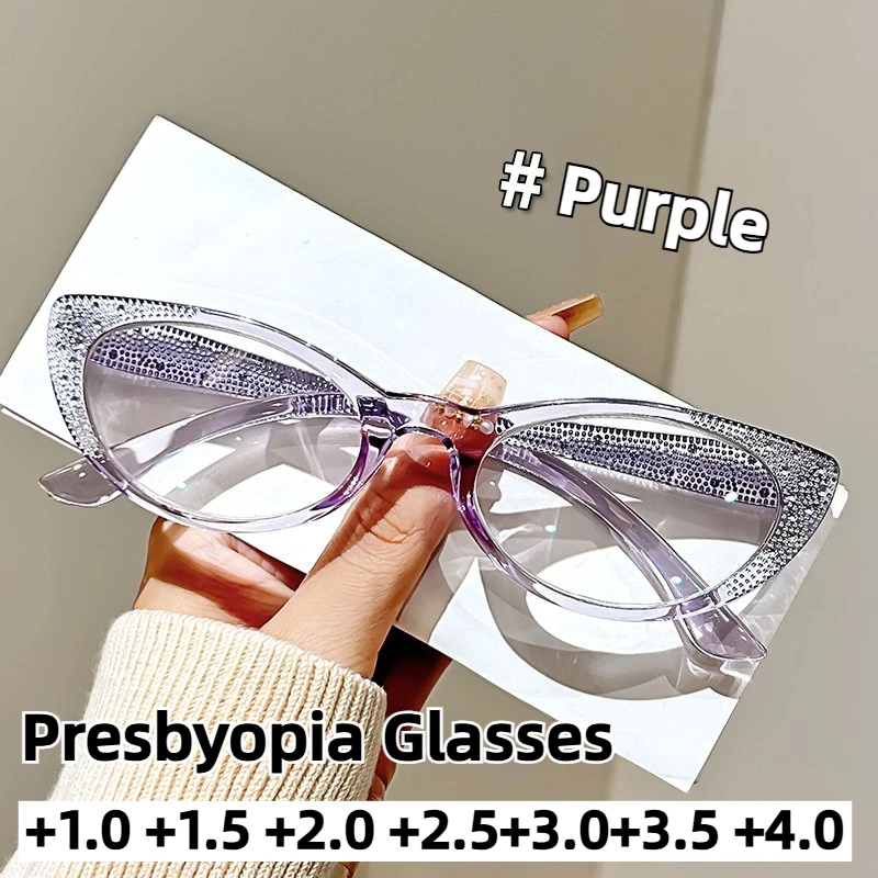 

Новые модные очки унисекс с бриллиантами «кошачий глаз» для пресбиопии, очки для чтения высокой четкости с защитой от синего света, диоптрии до +4,0