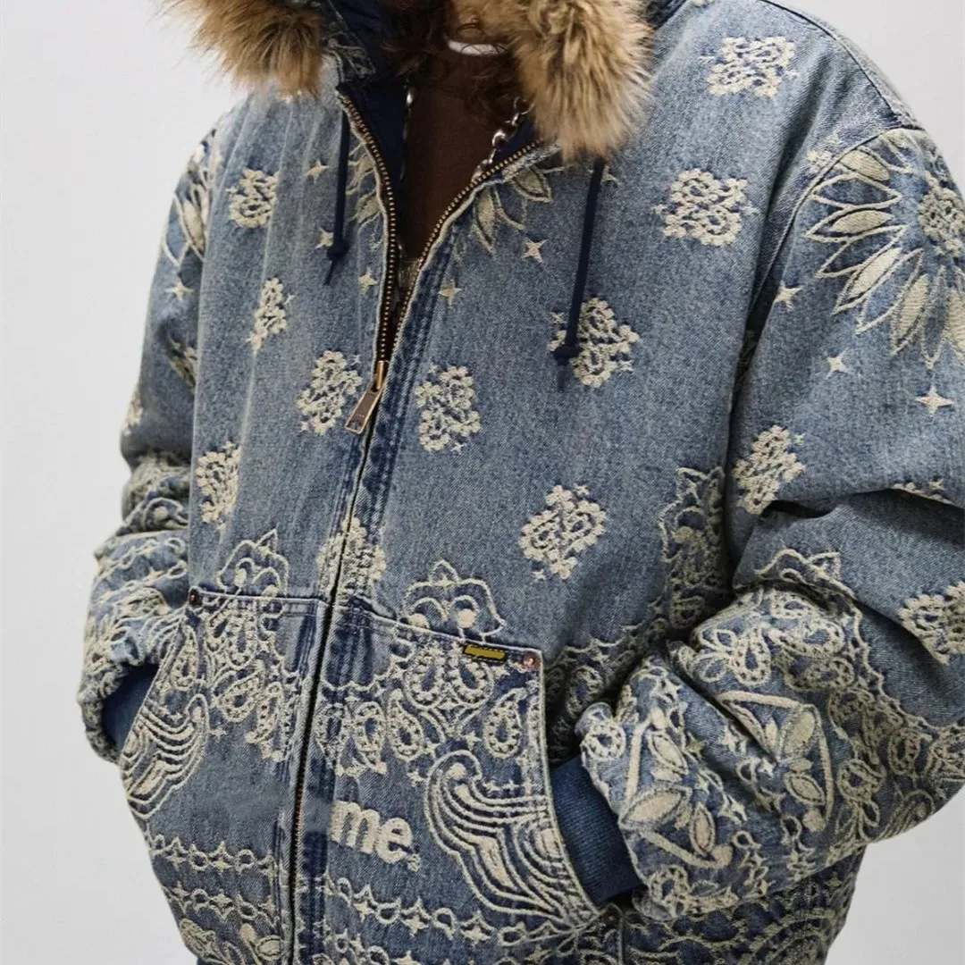 

High Quali 25FW Heavy Waed Zipper Hooded Jaet Cotton Coat Men Women Sle Nut Flower Denim Outerwear Casual Warm Long S...