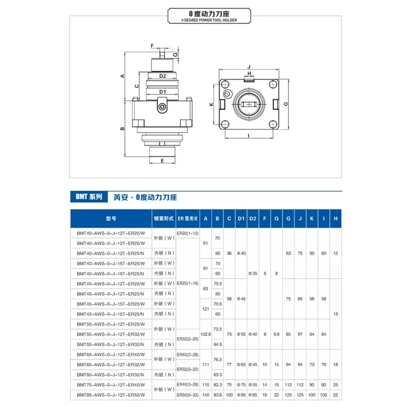 CNC Lathe BMT Driven Tool Holder Axial Power Tool Holder for Mill-Turn Machine BMT40 to BMT55