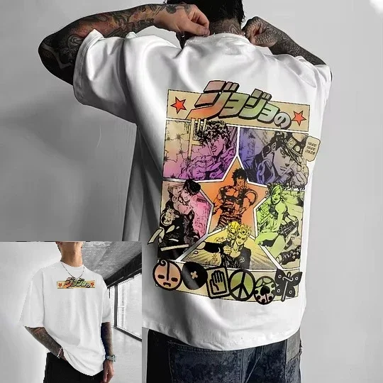 Hot Blooded Japanese Anime Jojo Men Short Sleeved T-shirt Harajuku Manga Pattern Top Oversized Loose Cotton Women and Men Battle