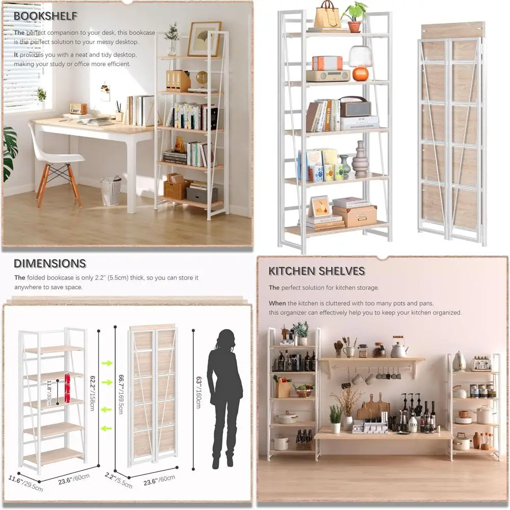 Collapsible 5-Shelf Bookshelf, 62.2 High, White, Ideal for Small Spaces Storage