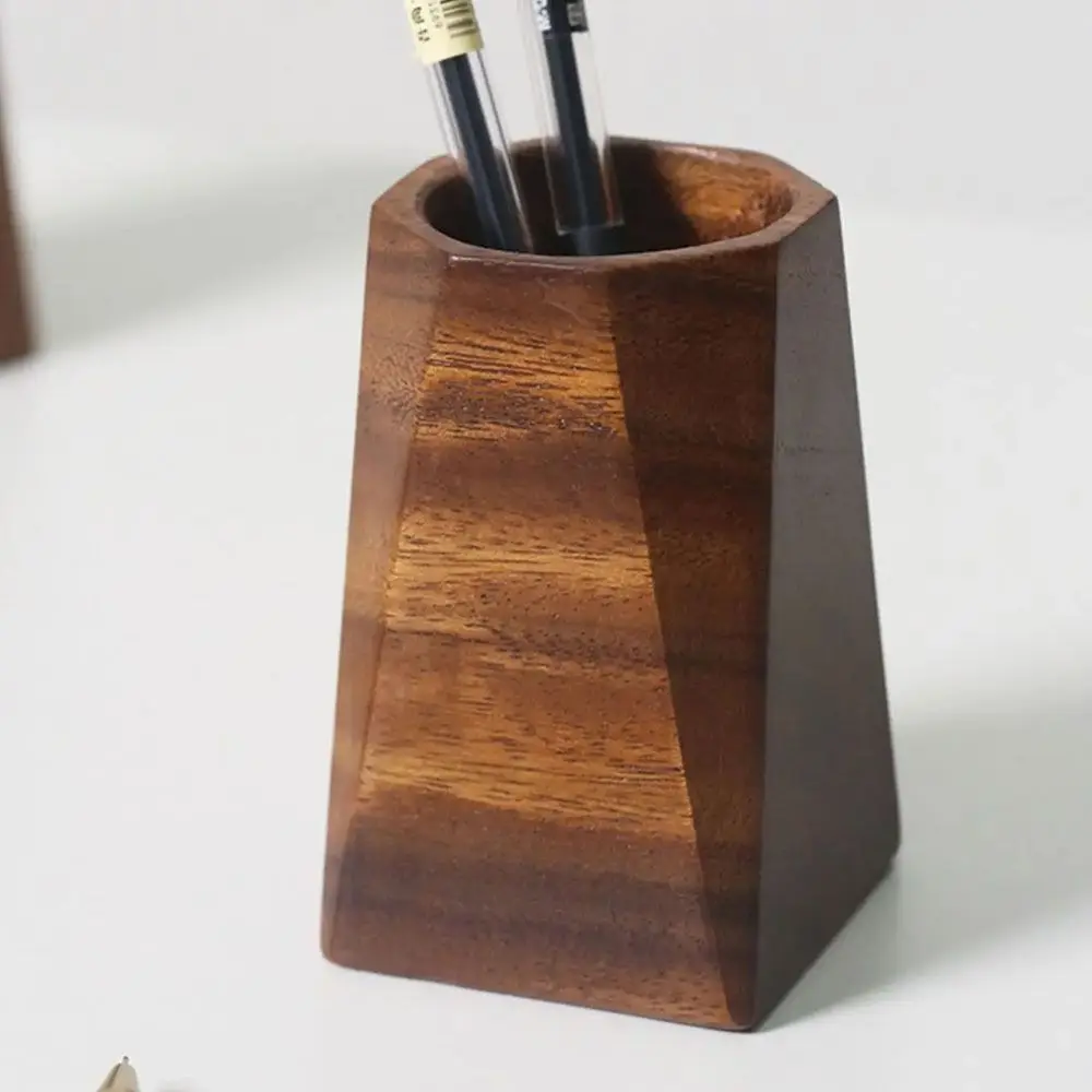 Vintage Walnut Wood Pen Holder Minimalist Large-capacity Storage Pencil Box Portable Makeup Brush Holder Table Organizer Pot