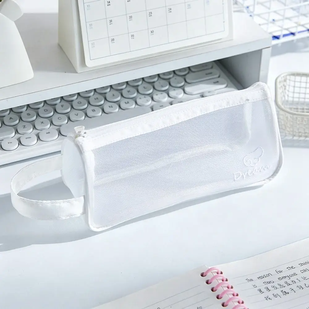 Simple Triangular Mesh Pencil Case Transparent Large Capacity Pen Pouch Washable with Handle Stationery Storage Bag for Students