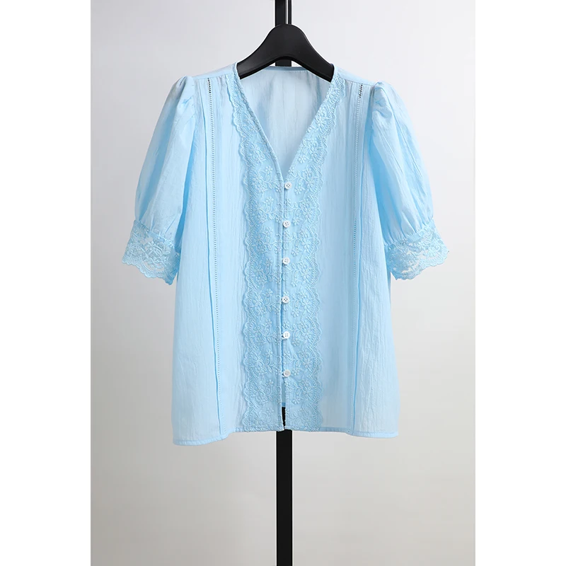 

Elegant Style Straight Cut V-Neck Bubble Sleeve Lace Trim Shirt Women's Summer New Arrival DWL Brand Breathable Comfortable S...