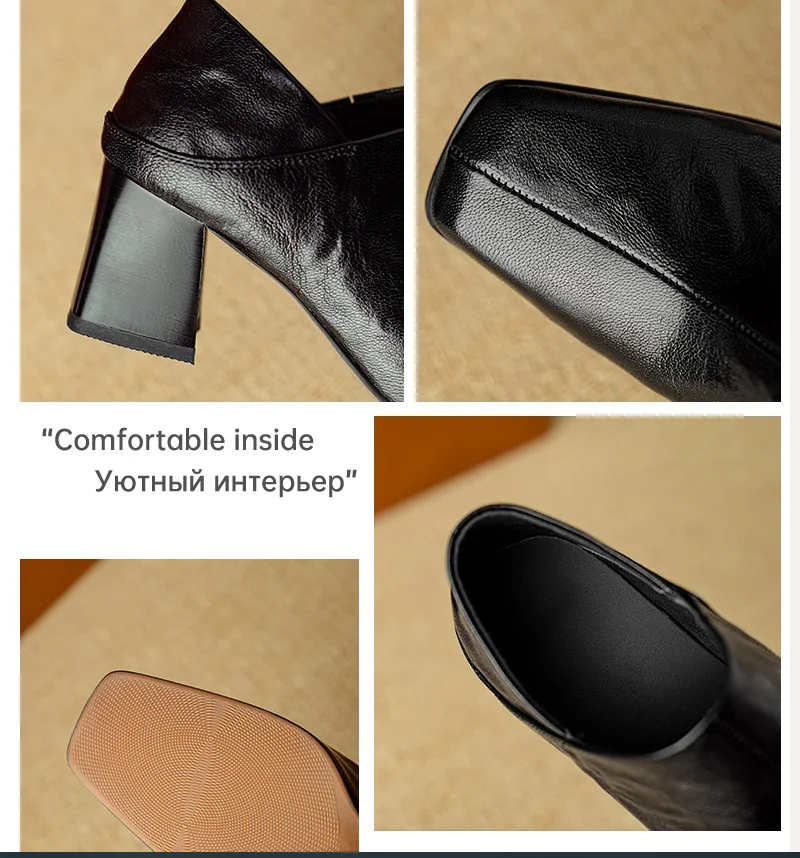 Ods Spring Genuine Leather Loafers Woman Shoes Chunky Heel Square Toe Shoes For Women Ladies Shoes Women Pumps Black High Heels image 3