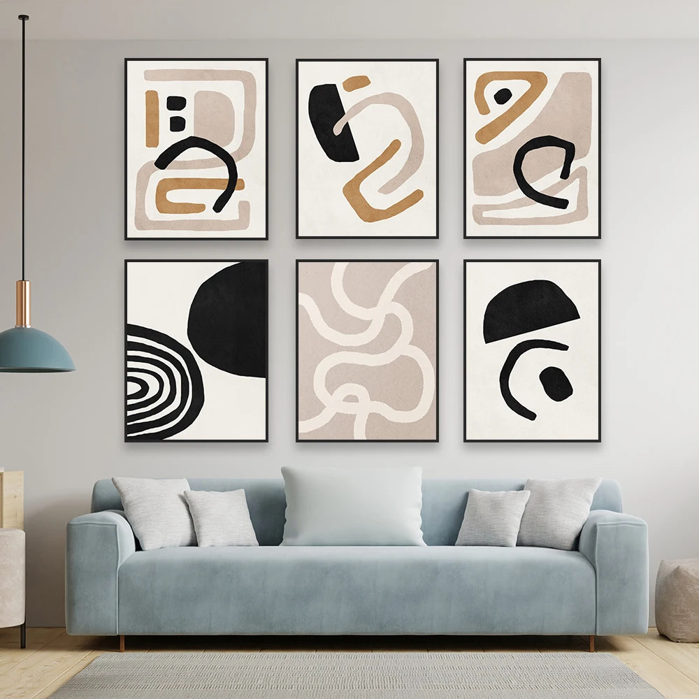 Abstract Shape Poster Black and White Line Beige Color Wall Art Canvas Painting Vintage Gallery Canvas Painting Home Decoration