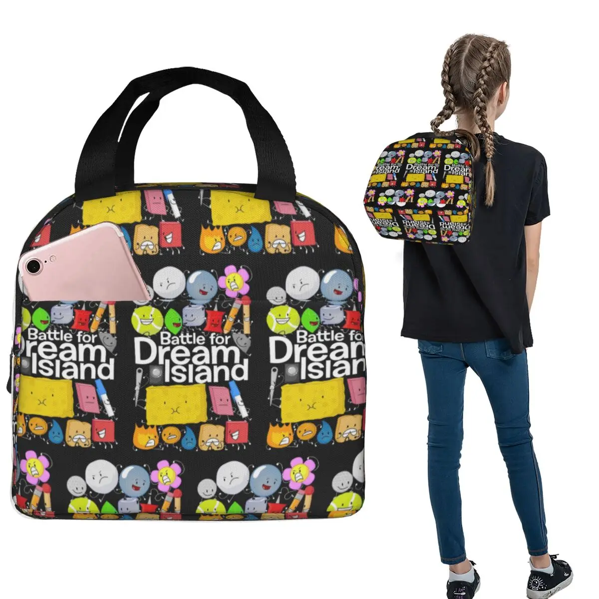 BFDI Poster Black Insulated Lunch Bag for Women Children Portable Food Boxes Thermal Lunch Box Tote