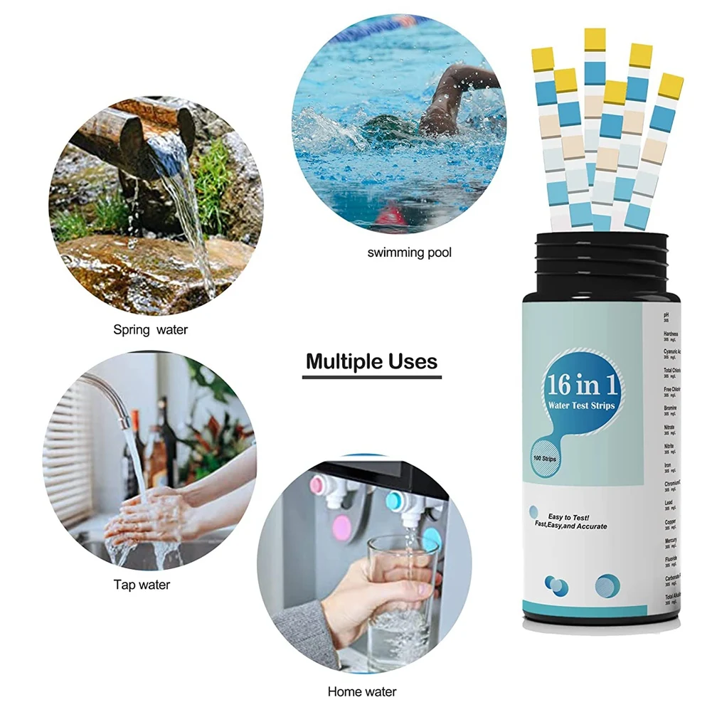 Kits de prueba de agua 16 en 1, de 100 piezas tiras de prueba de agua potable, tiras de prueba de agua de grifo y pozo y pruebas de PH, plomo, cloro