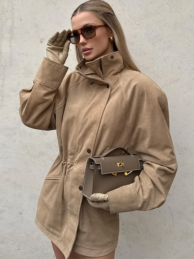 Herbst Damen Wildlederjacke 2026 Stehkragen Taillierte Einreihige Jacke mit Taschen Damenmantel Modischer Reißverschluss Büro-Oberbekleidung