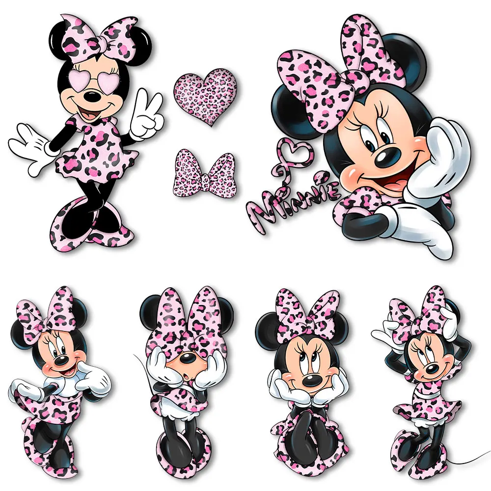 Pink Leopard Minnie Mouse Character Iron on Transfers DTF Prints Heat Press Stickers for Clothes Ironing Decals