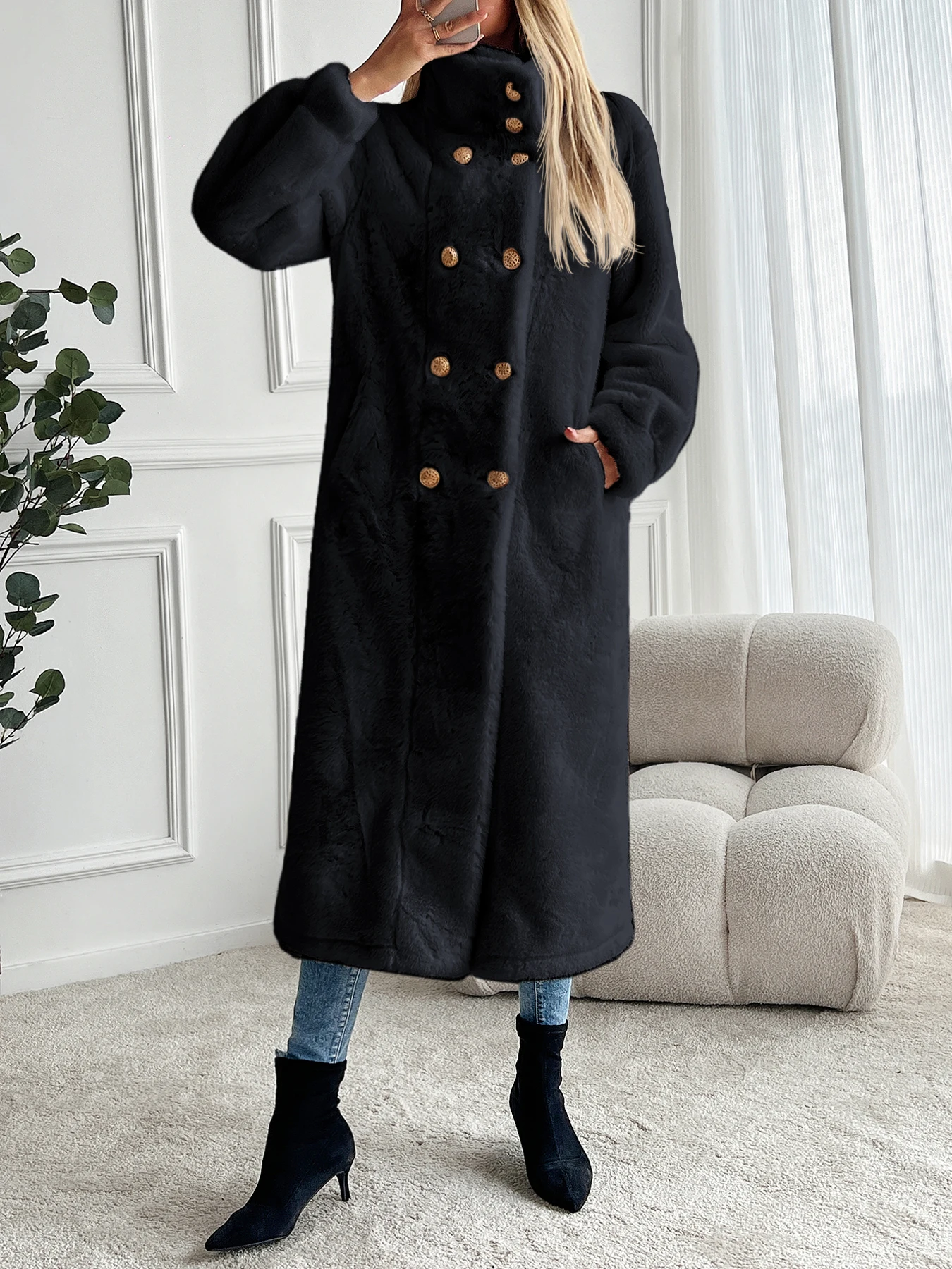 Faux fur coat long coat women's lapel double-breasted loose warm high-end atmospheric coat jacket 24 autumn and winter new